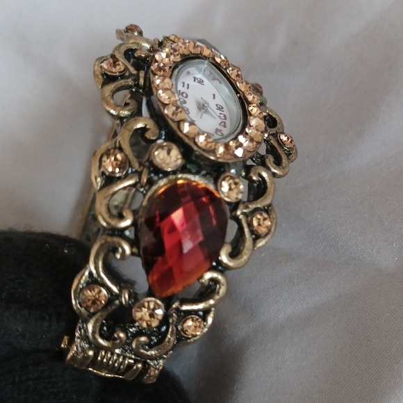 Victorian Era Type design brass colored bangle watch timepiece red brown stones - Picture 4 of 9